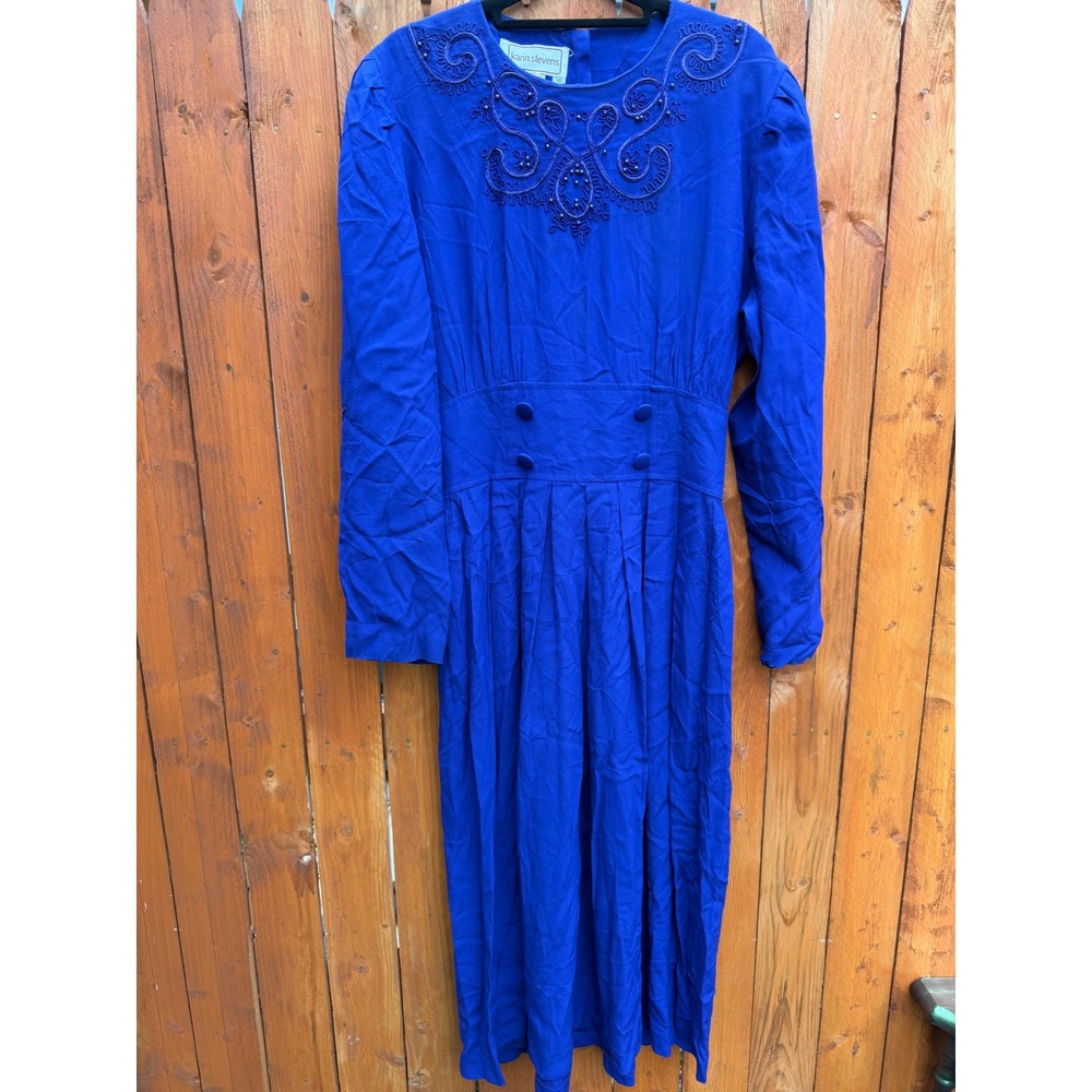 Karin Stevens Vintage Royal Blue Beaded Soutache Midi Dress Rayon Size 10